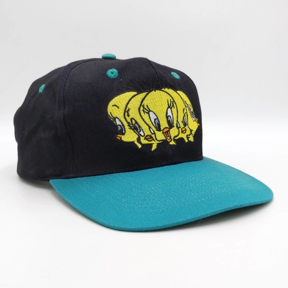 Vintage Tweety Looney Tunes Snapback Trucker Hat 1995 Two Tone Cap Black Teal